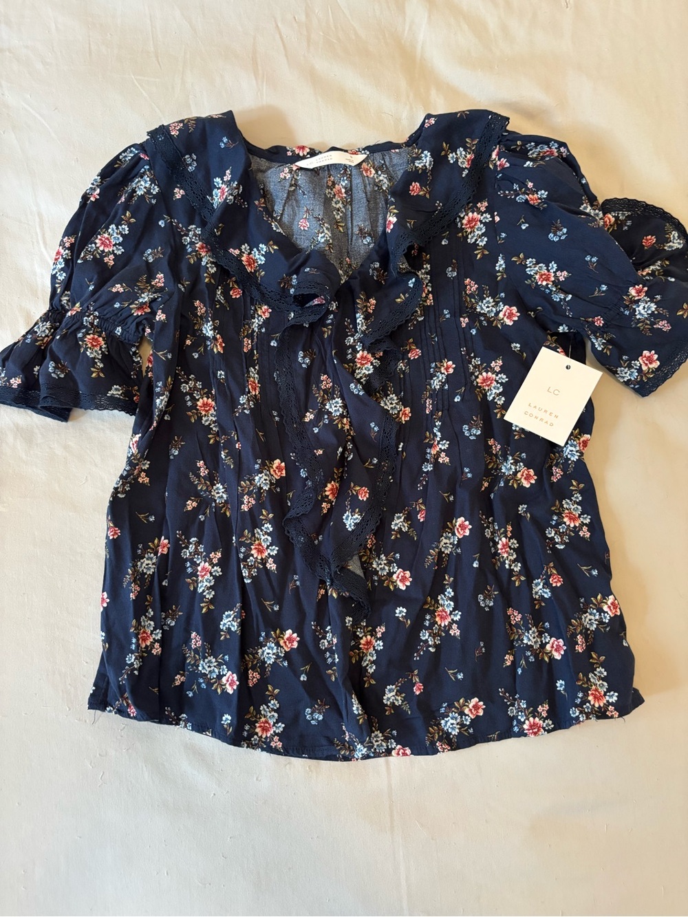 LC Lauren Conrad Navy Floral Ruffle Tie-Neck Top